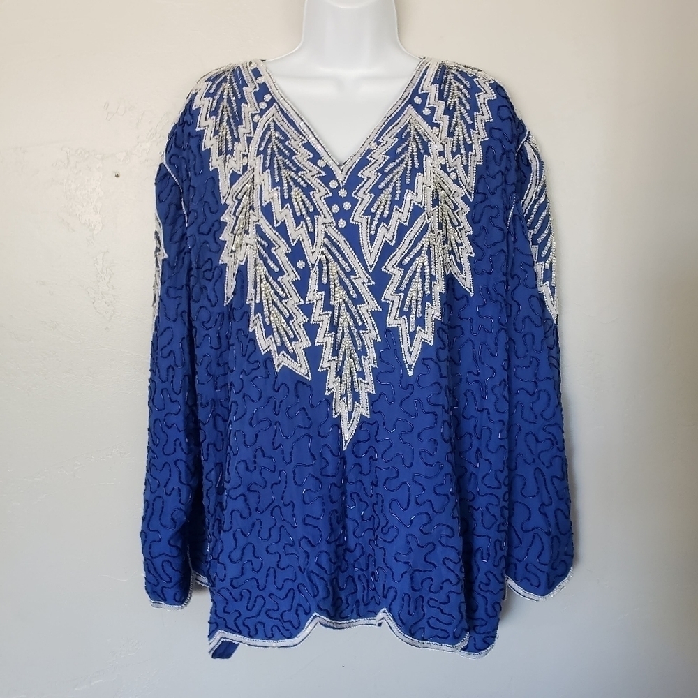 Fantasy by Lisa Kane Vintage Pure Silk Blouse Long Sleeve Blue White Beaded Top